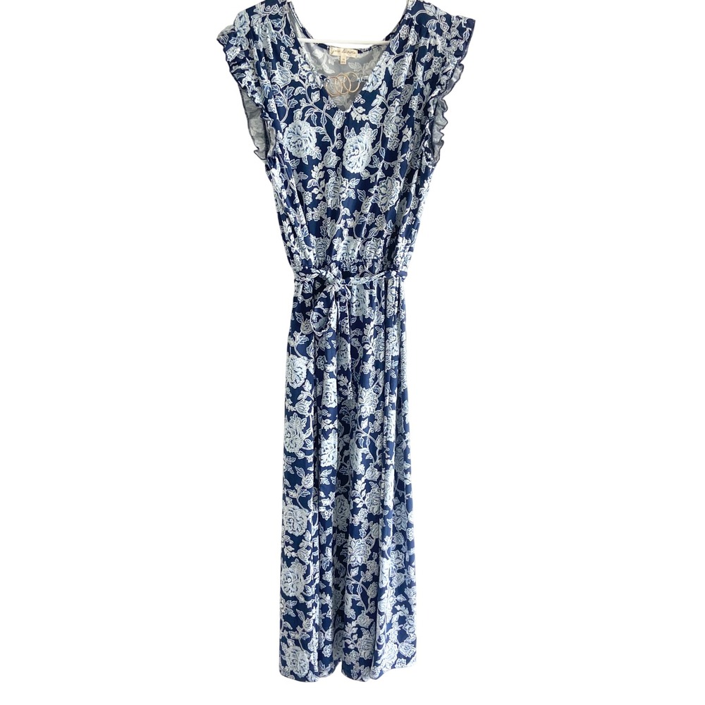 3/$25 Joie‎ de Vivre Blue White Floral Maxi Dress Flutter Sleeve Gold Ring 1X